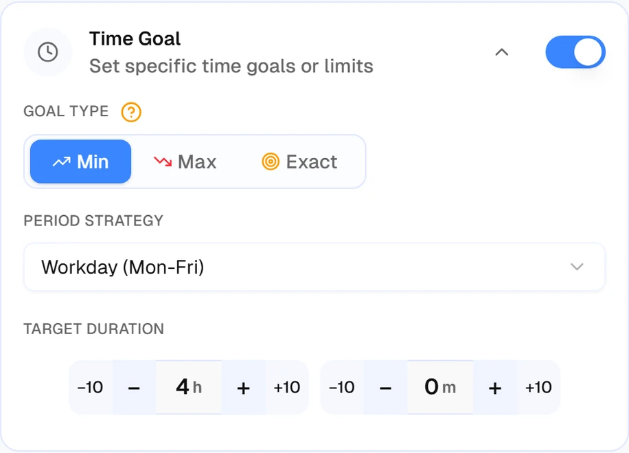 Activity goal setup showing minimum, maximum and exact goal types with a period and target
