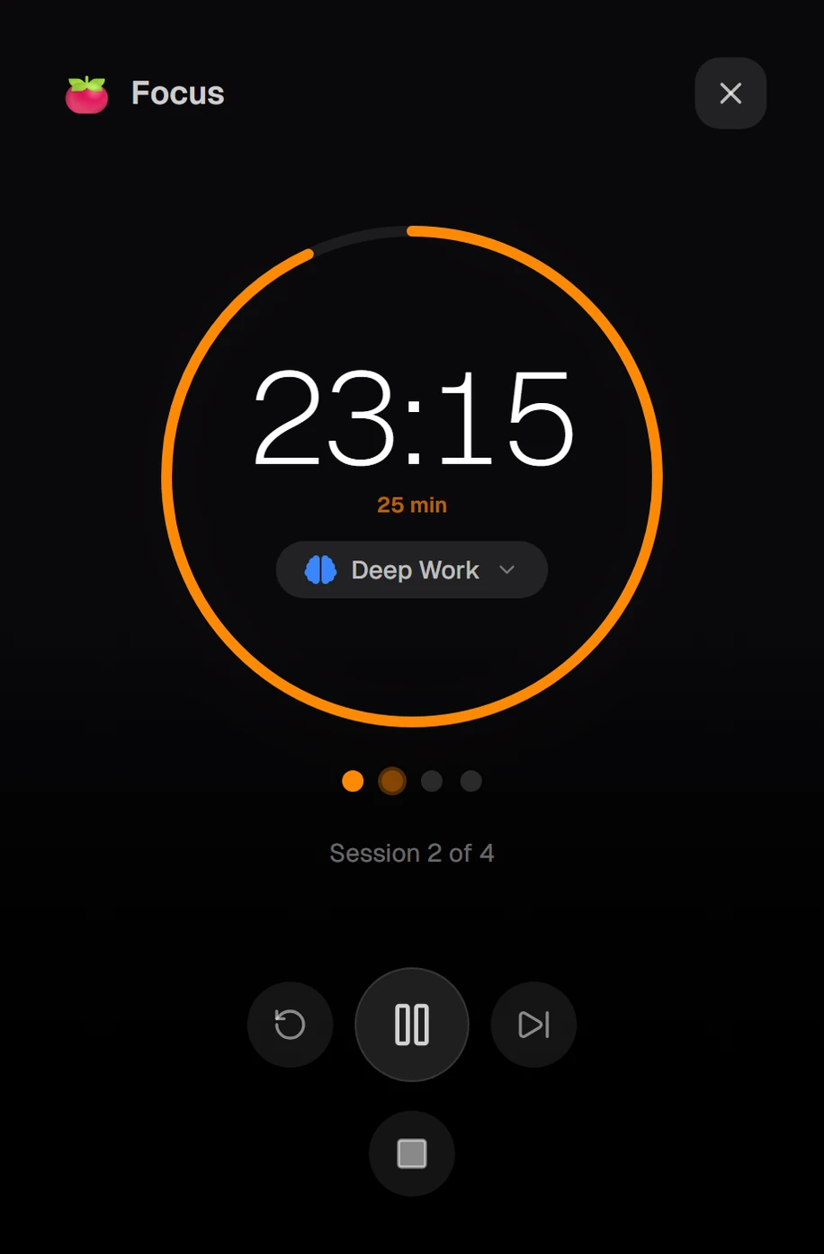 Built-in pomodoro focus timer running the Deep Work activity