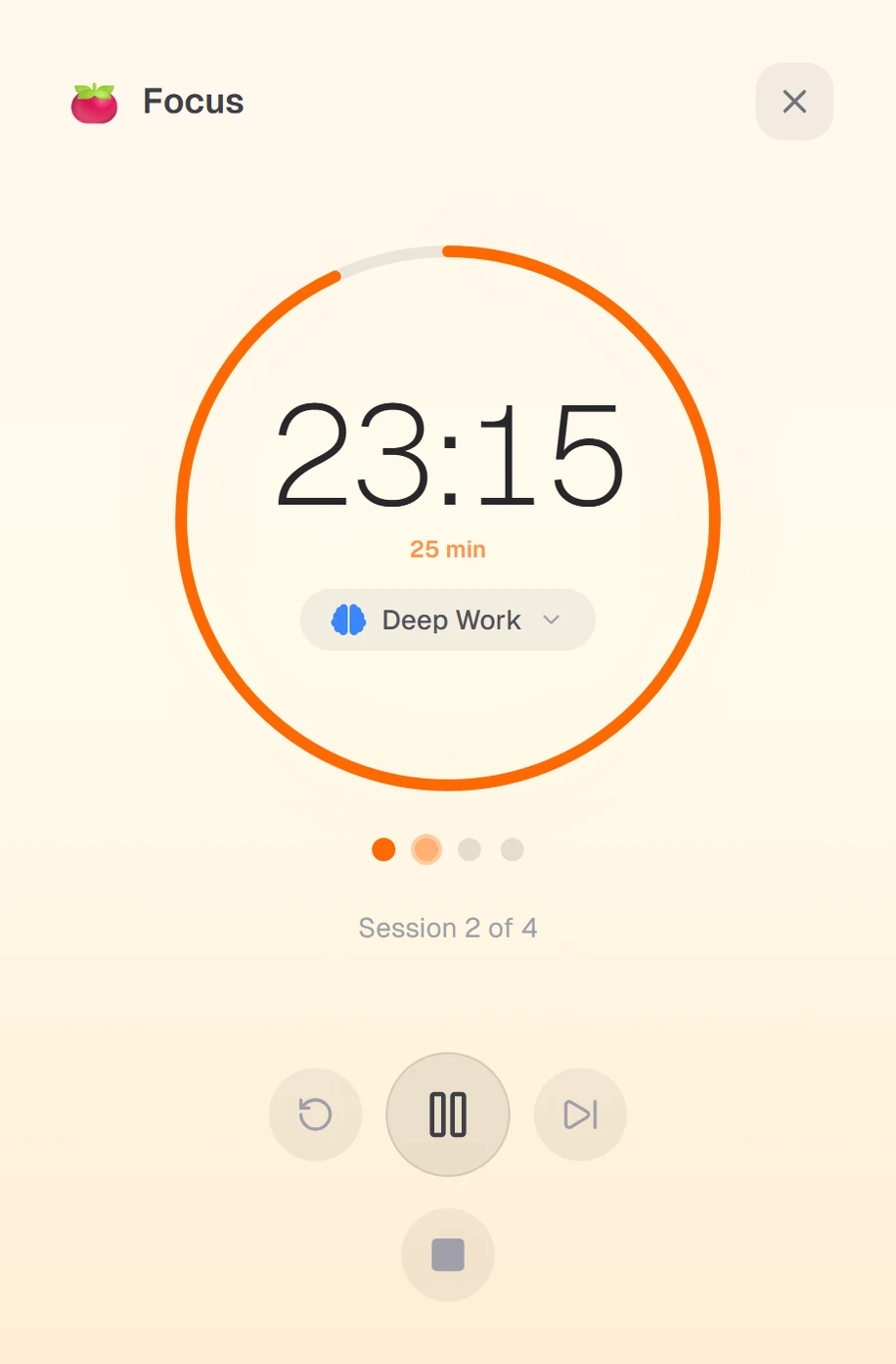 Built-in pomodoro focus timer running the Deep Work activity