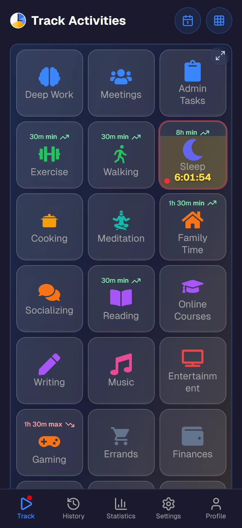 Activity tiles on the Track screen, one of them running
